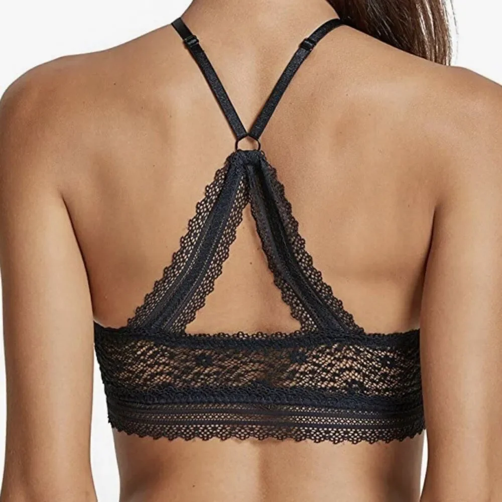 Victoria’s Secret Black High Neck Floral Lace Bralette Bra Size Small